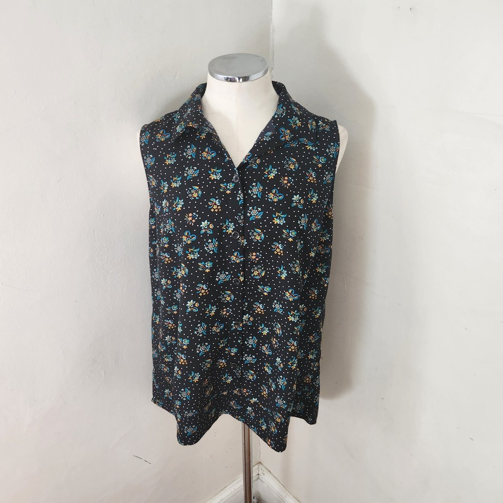 Cabi Womens‎ Black Floral Polka Dot Sleeveless Button Down Blouse Top 3440 Large